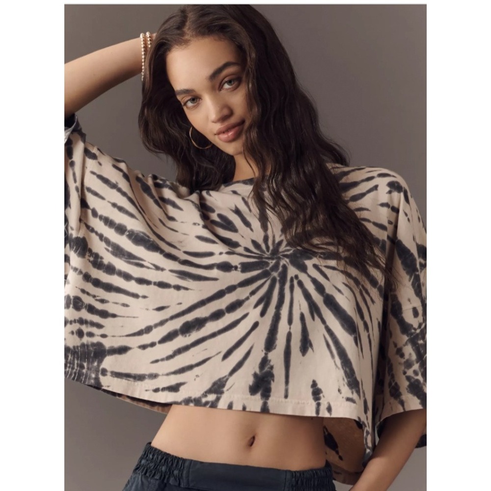 Citizens of Humanity Cropped Cape Tee Size Small Tan Black Tie Dye Oversized Top